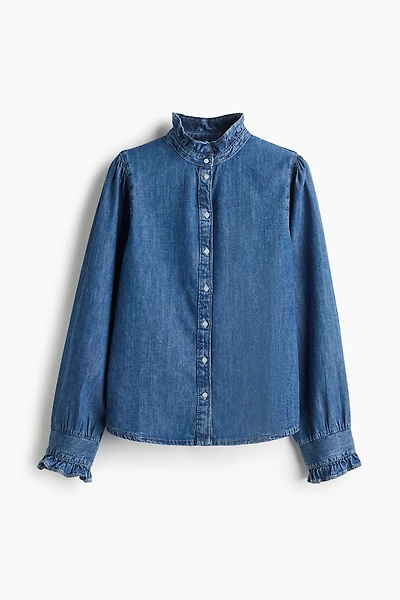 Ruffle-Trimmed Denim Blouse