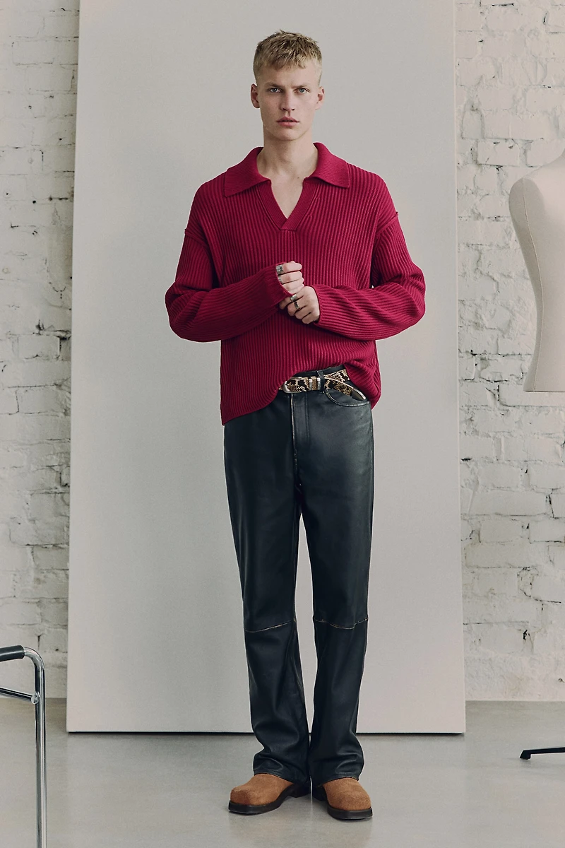 Rib-Knit Polo Sweater