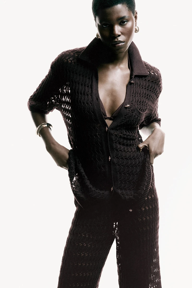 Crochet-Look Cotton Cardigan