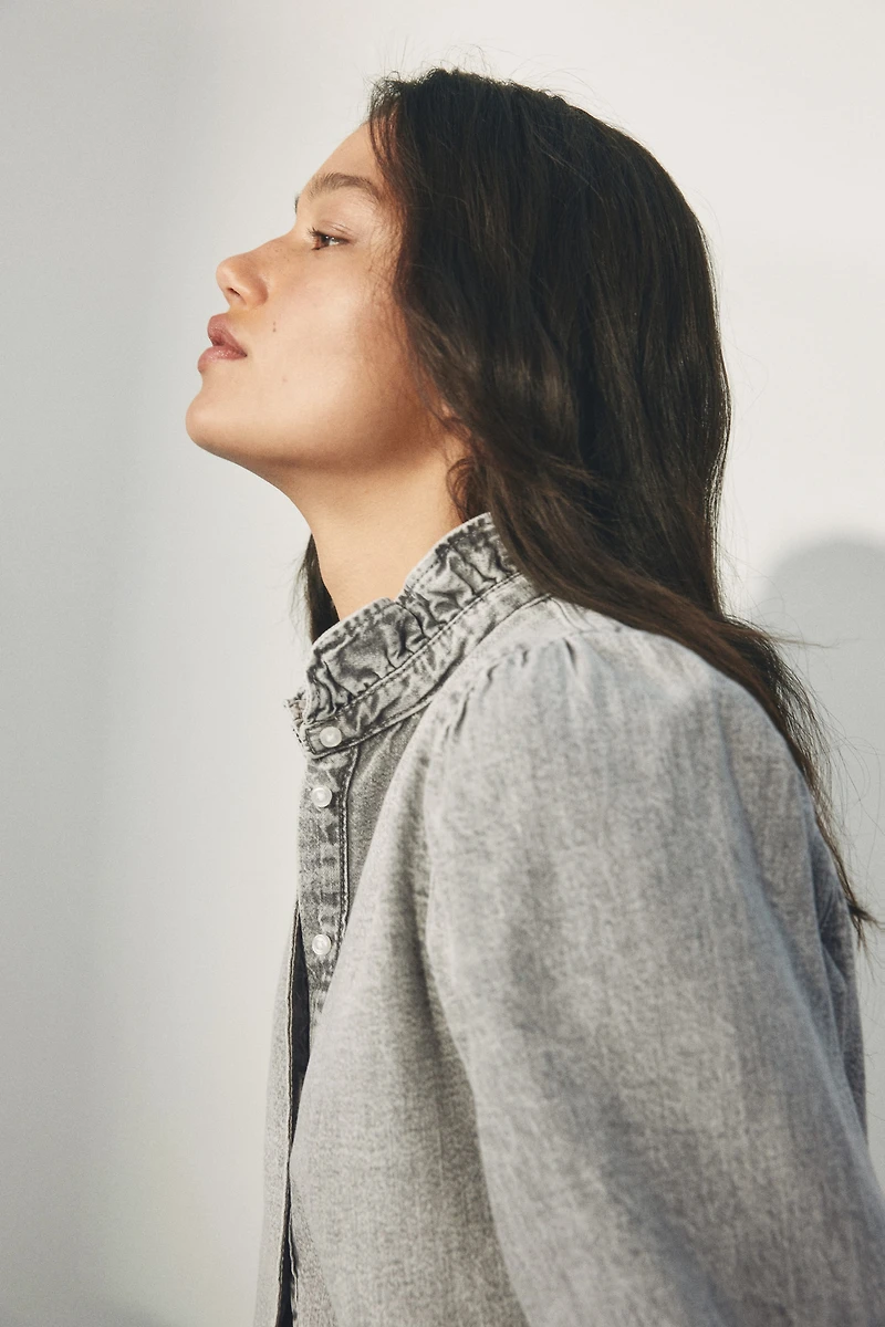 Ruffle-Trimmed Denim Blouse