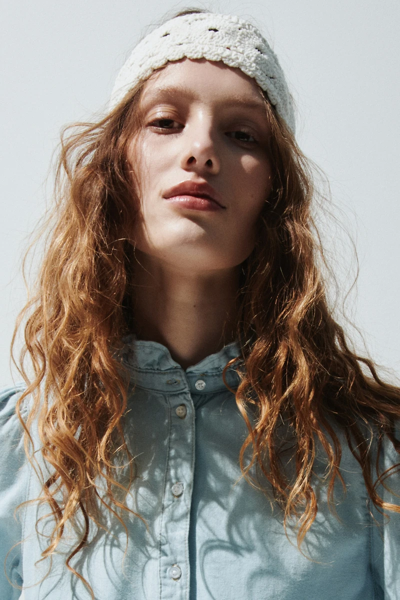 Ruffle-Trimmed Denim Blouse