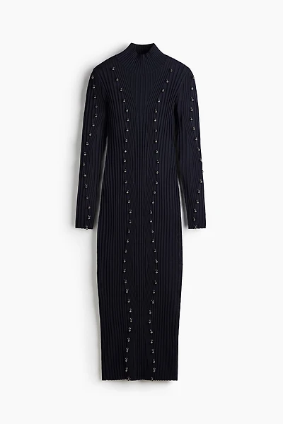 Bead-Embellished Rib-Knit Dress