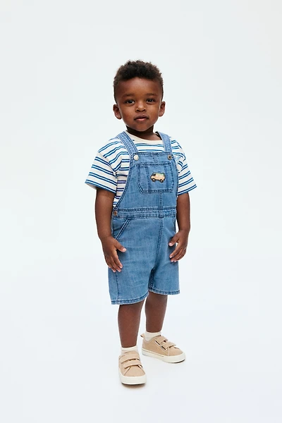 Denim Overall Shorts with Embroidered Details