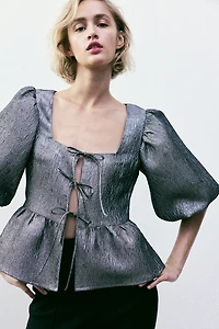 Jacquard-Weave Tie-Front Blouse
