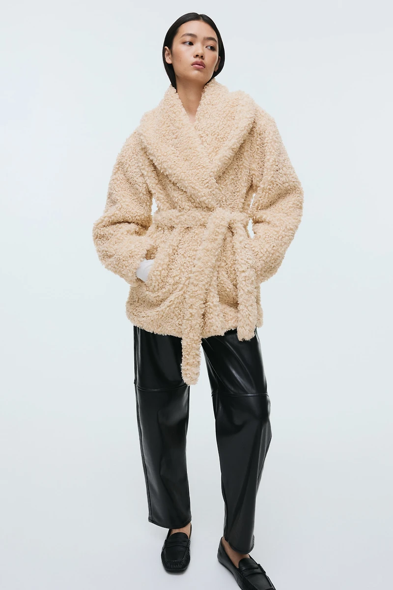 Tie-Belt Teddy Fleece Coat
