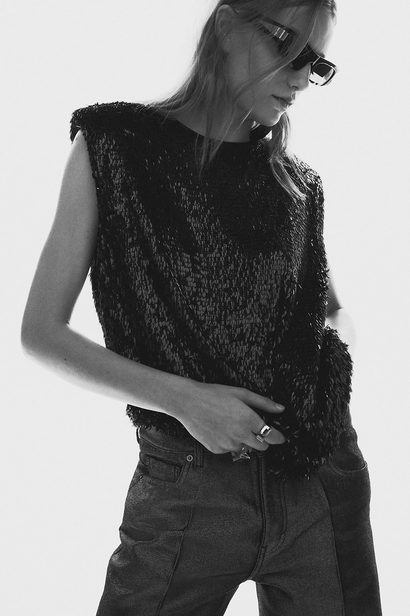 Sequined Top with Shoulder Pads
