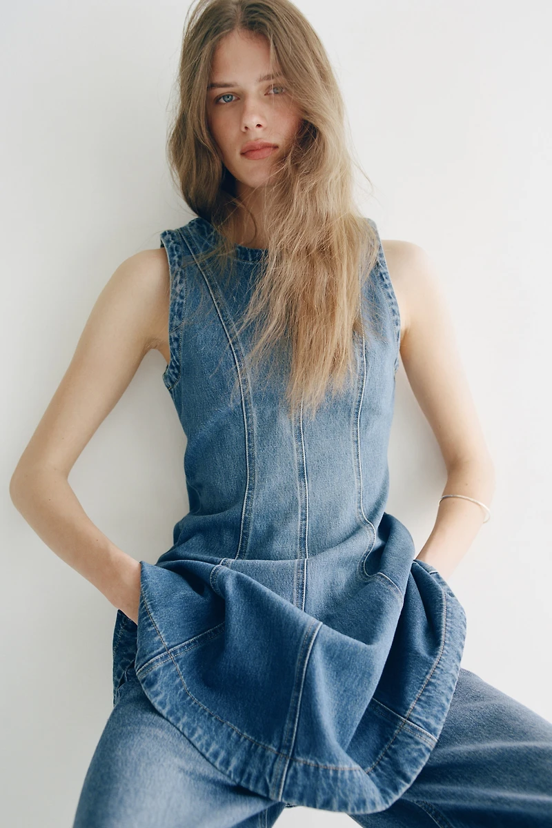 Flared-Skirt Denim Dress