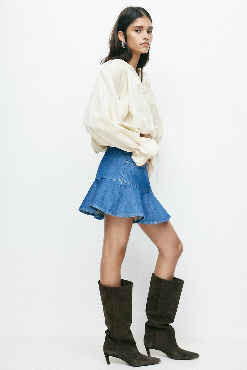 Flounced denim mini skirt