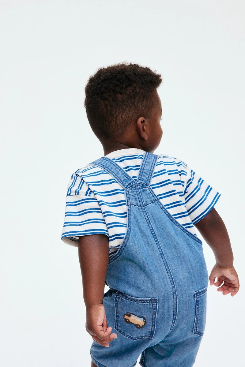 Denim Overall Shorts with Embroidered Details