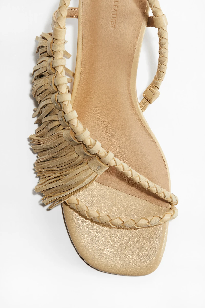Fringe-Trimmed Heeled Sandals