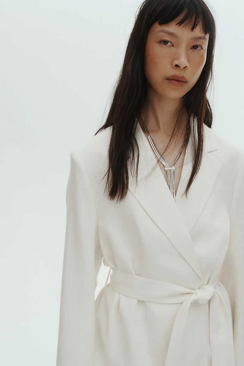 Textured-Weave Tie-Belt Blazer