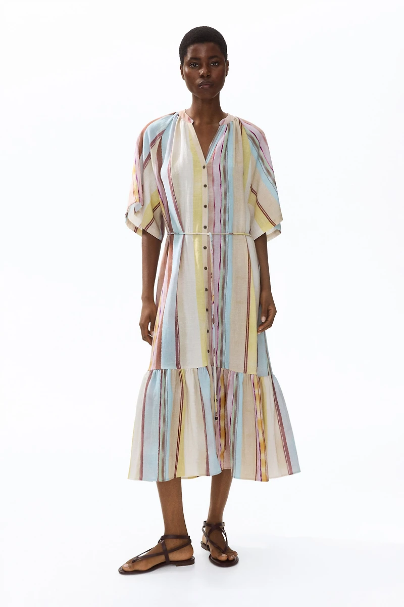 Short-Sleeved Tie-Belt Dress