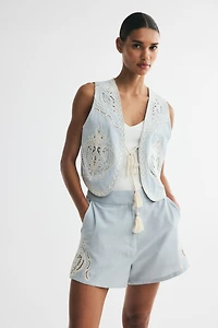 Linen-Blend Vest with Eyelet Embroidery