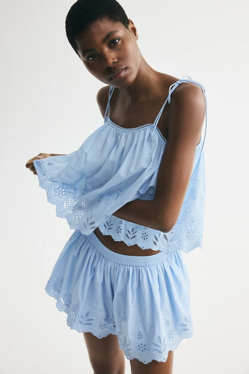 Eyelet-Embroidered Top with Tie Shoulder Straps
