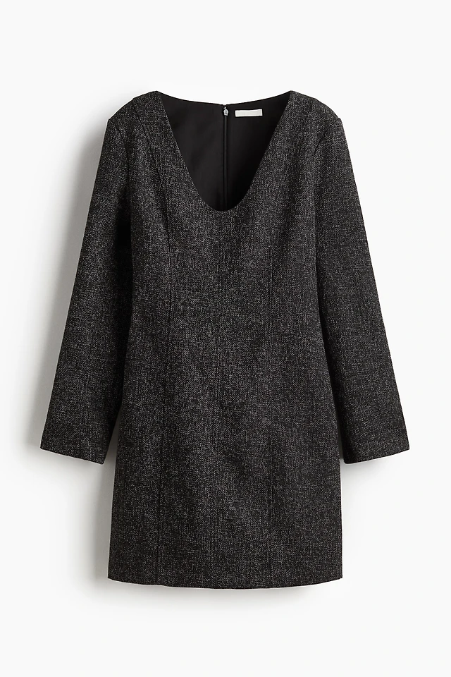 long sleeve boucle dress Blue Boucle Long Sleeve V Neck Midi Dress With Buttons