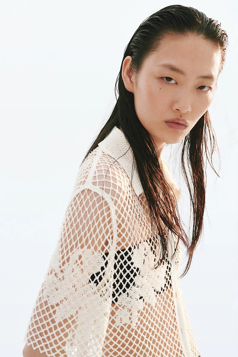 Bead-Detail Crochet-Look Shirt