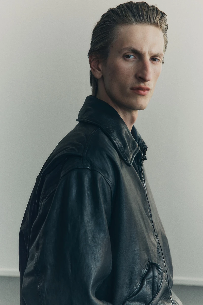 Loose-Fit Leather Aviator Jacket