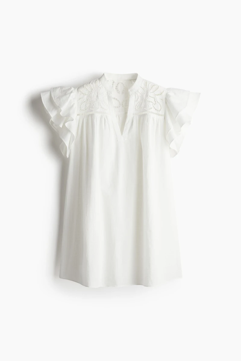 Flutter-Sleeve Dress with Eyelet Embroidery