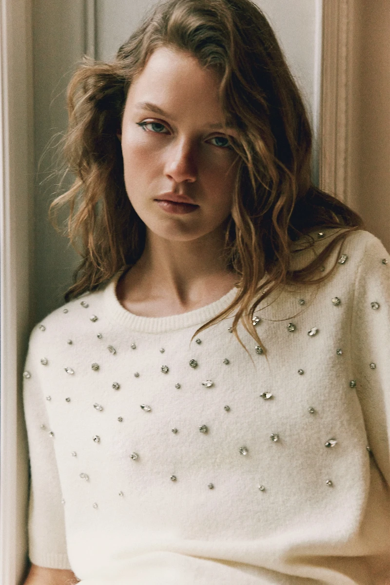 Rhinestone-Embellished Fine-Knit Top