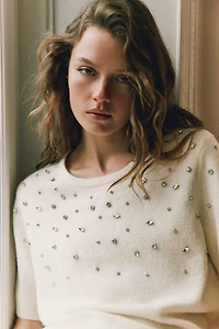 Rhinestone-Embellished Fine-Knit Top