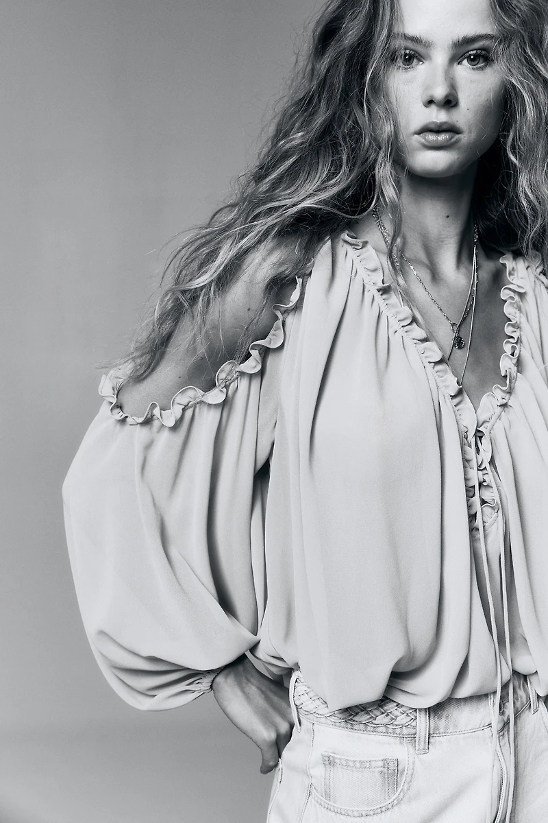 Open-Shoulder Chiffon Blouse