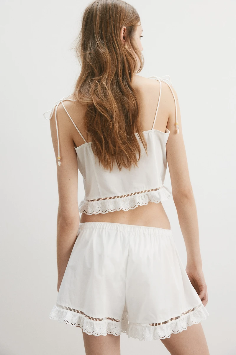 Eyelet-Embroidered Top with Tie Shoulder Straps