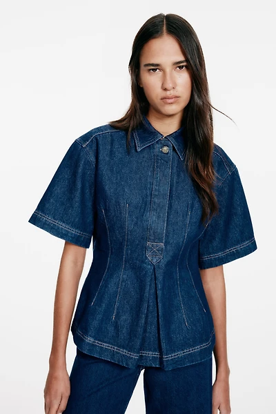 Defined-Waist Denim Shirt