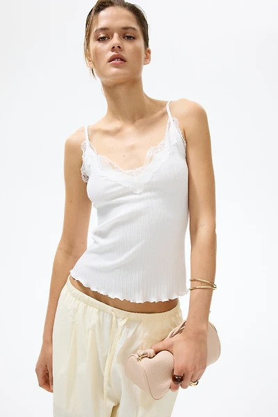 Lace-Trimmed Pointelle-Knit Top
