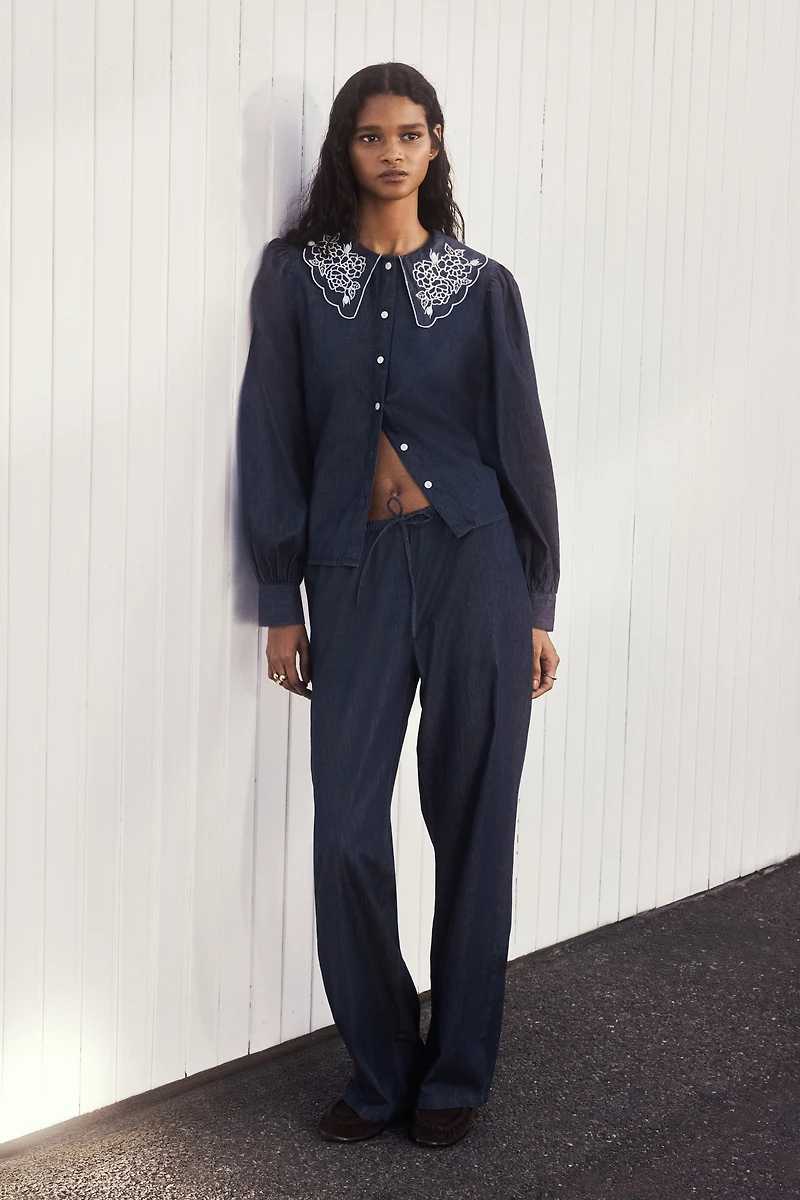Embroidered-Collar Denim Blouse