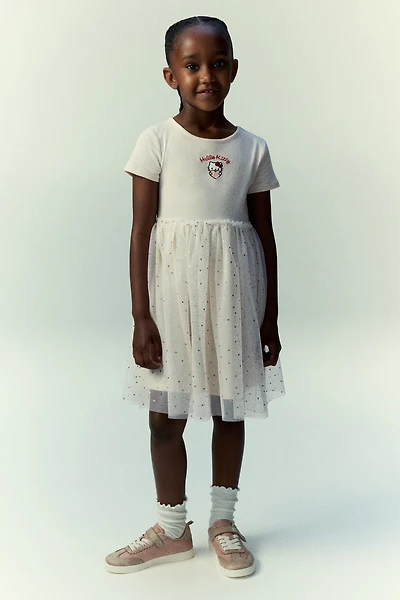 Motif-Detail Dress with Tulle Skirt