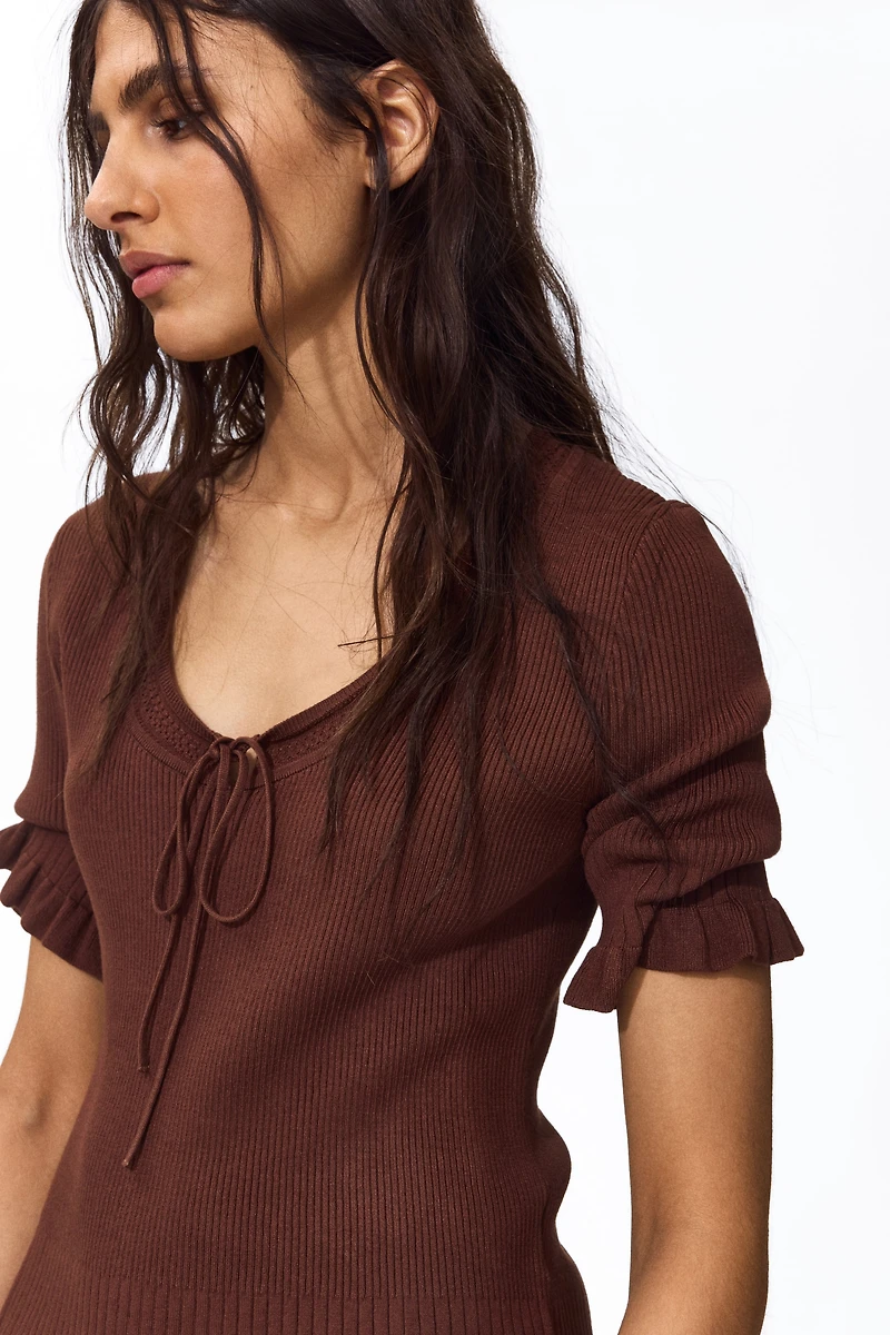 Ruffle-Trimmed Rib-Knit Top