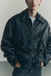 Loose-Fit Leather Aviator Jacket