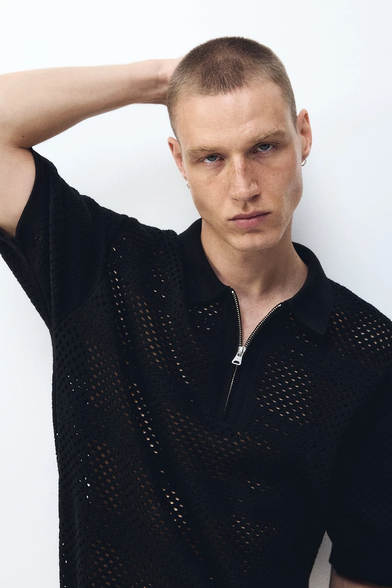 Relaxed-Fit Open-Knit Polo Shirt