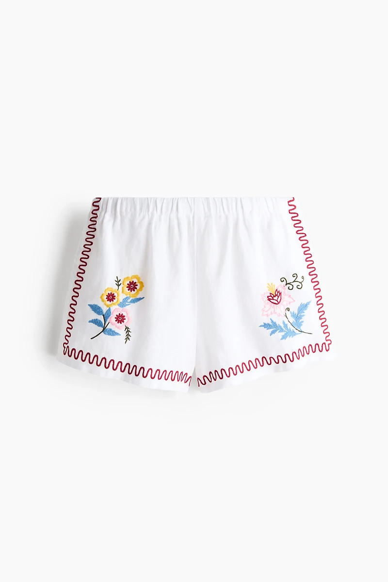 Embroidered Linen Beach Shorts