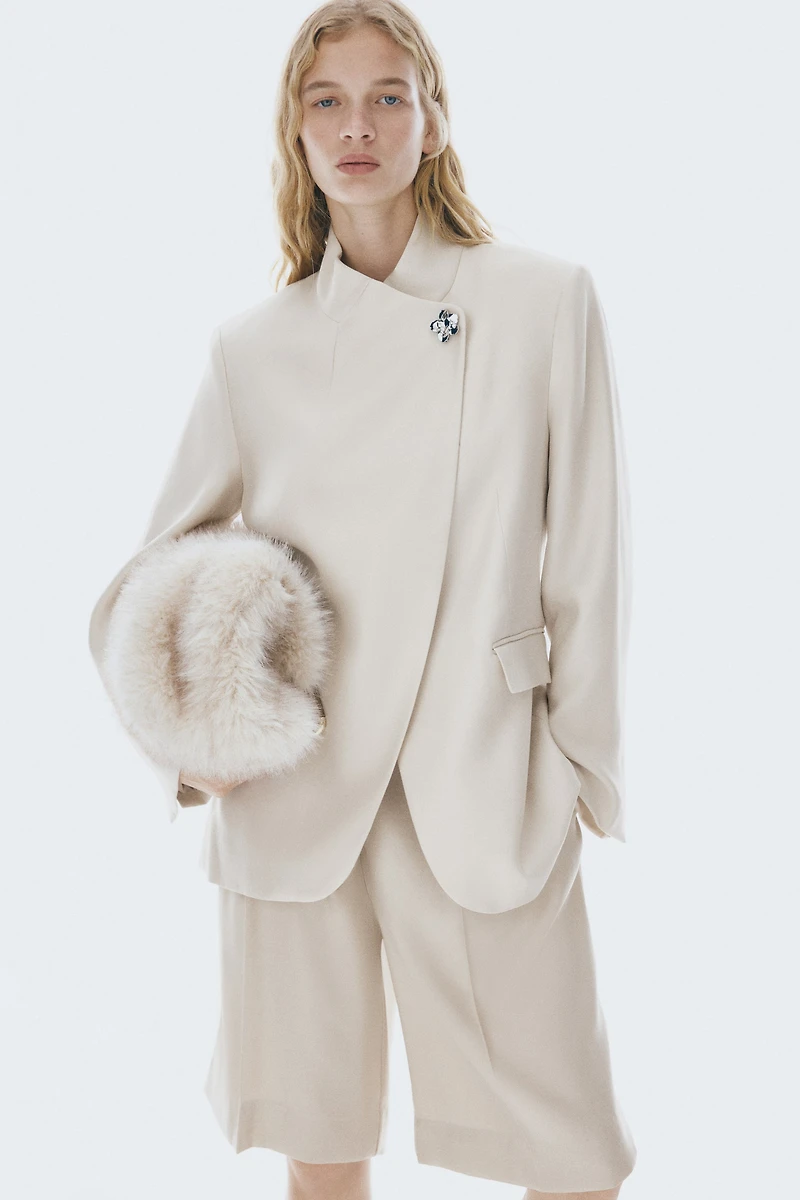 Brooch-Detail Wrap Jacket