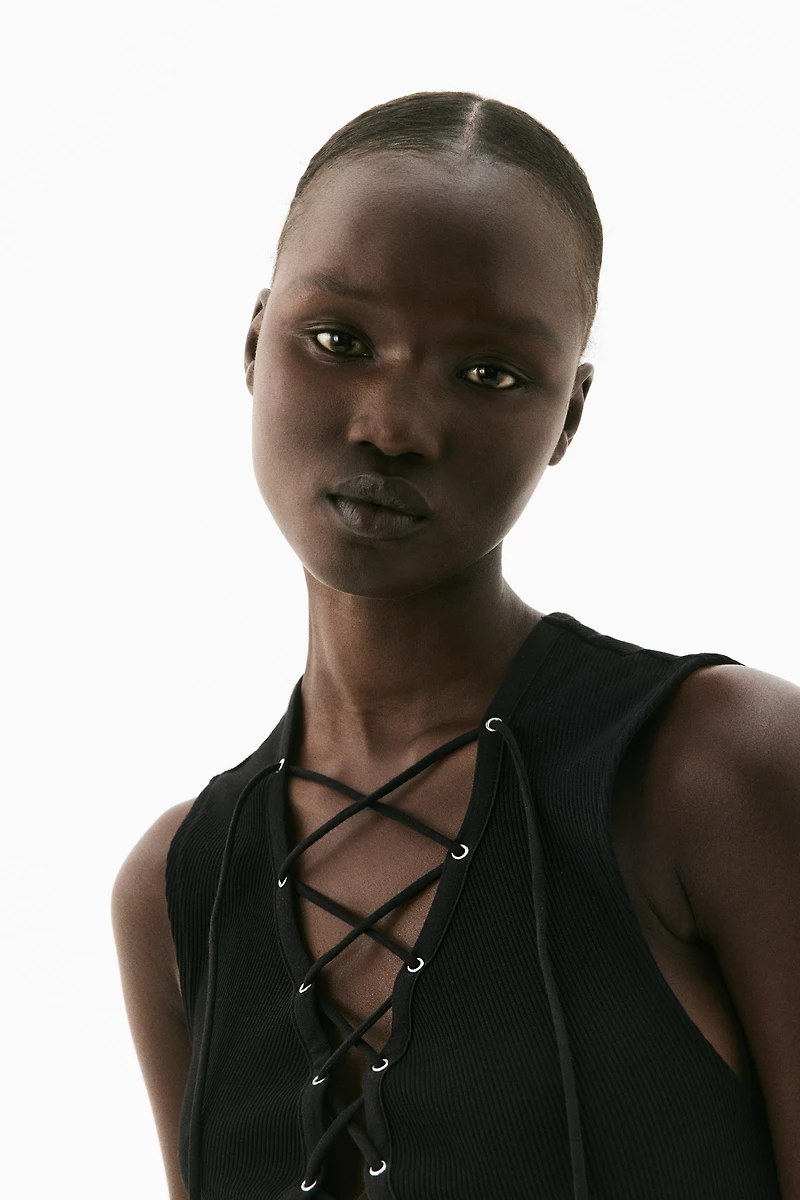 Ribbed Lacing-Detail Dress