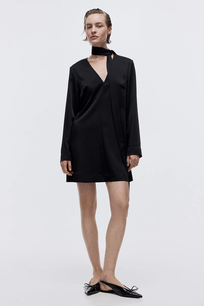 Scarf-Detail Satin Dress