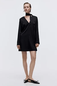 Scarf-Detail Satin Dress