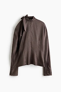 Jacquard-Weave Bow-Collar Blouse