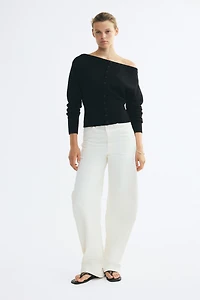 Bouclé-Knit Off-the-Shoulder Cardigan