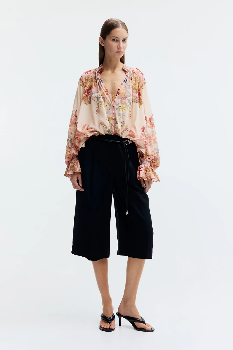 Button-Front Balloon-Sleeved Blouse