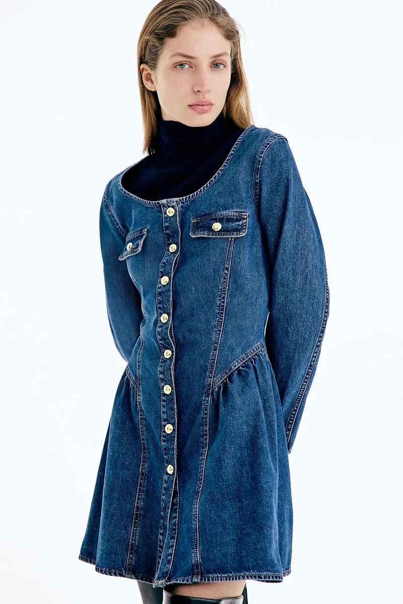 Flared-Skirt Denim Dress