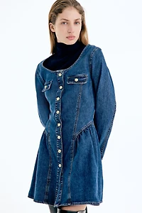 Flared-Skirt Denim Dress