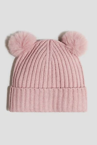 Rib-Knit Pompom Beanie