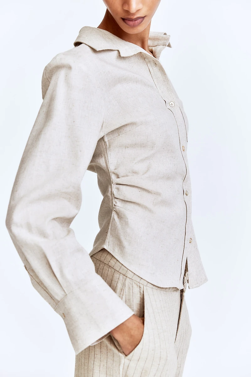 Gathered linen-blend shirt