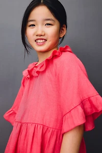 Linen Dress with Ruffle Collar