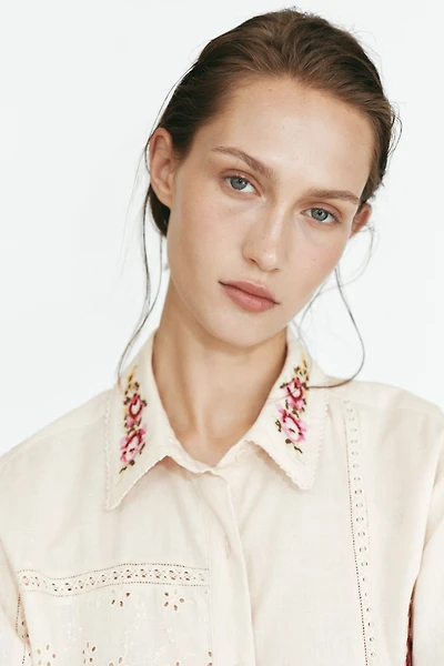 Linen-Blend Pajama Shirt