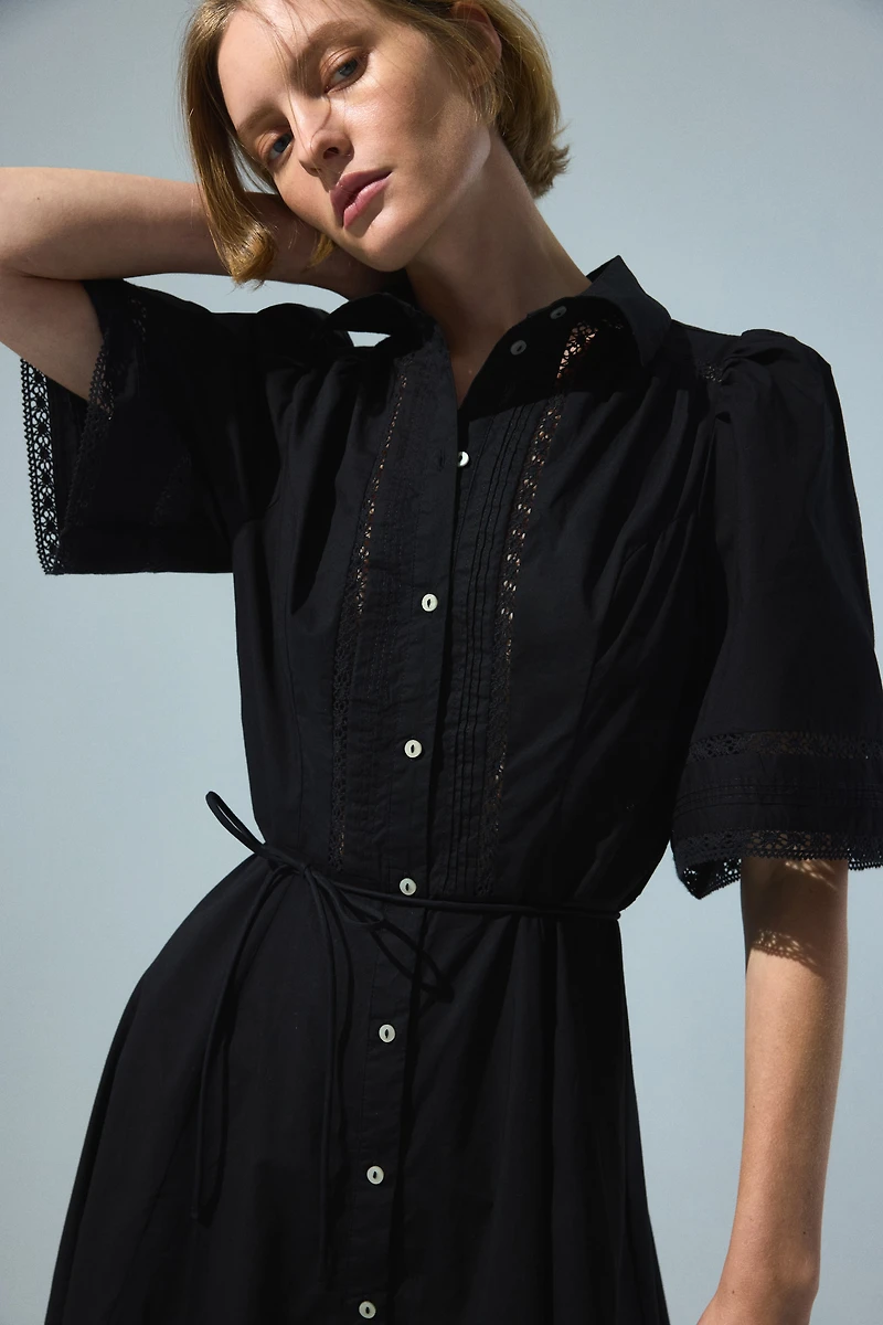 Cotton Shirt Dress with Pintucks