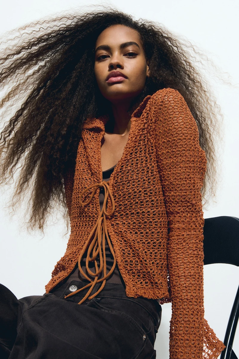 Tie-Front Hole-Knit Top