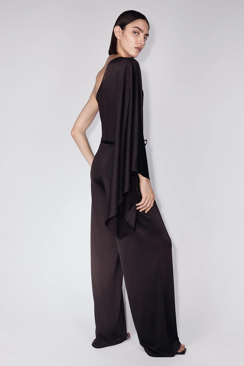 Tie-Belt One-Shoulder Jumpsuit